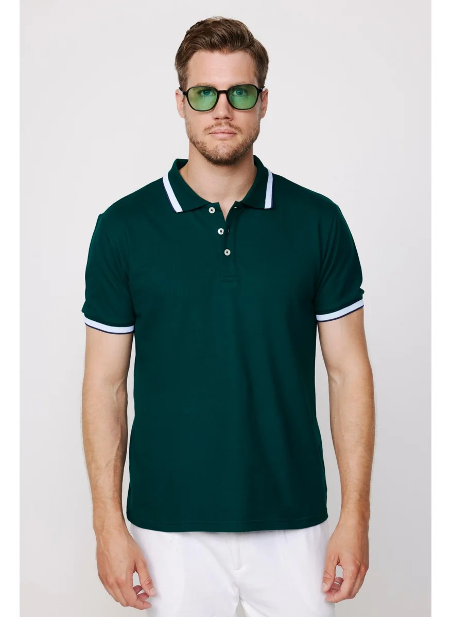 Tudors Men's Polo Neck Slim Fit Green Pique T-Shirt with Collar and Sleeve Stripes