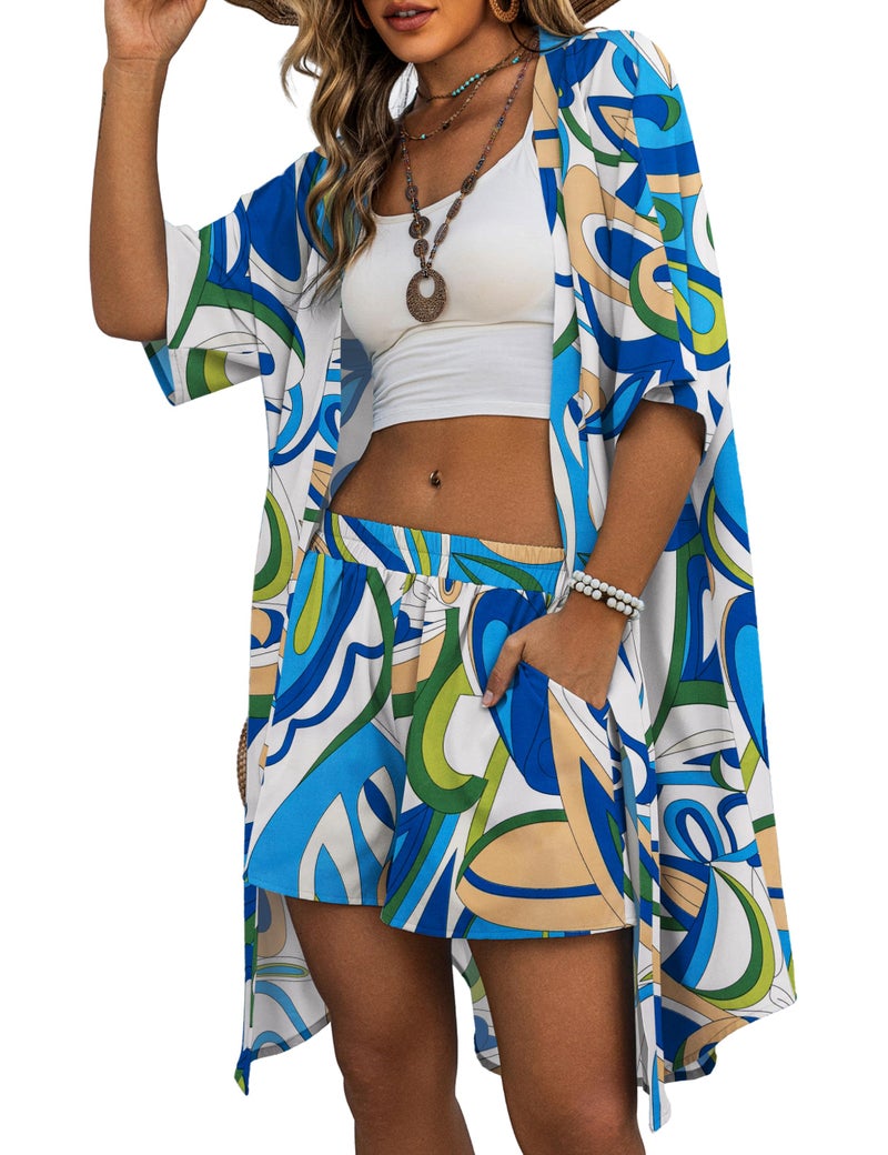REDHOTYPE Womens Vacation Outfits Hawaiian Style 2 Piece Sets Colorful Print Long Cover Ups Half Sleeve Shorts Set Beach Dresses Blue Cicle,Large - Image 1