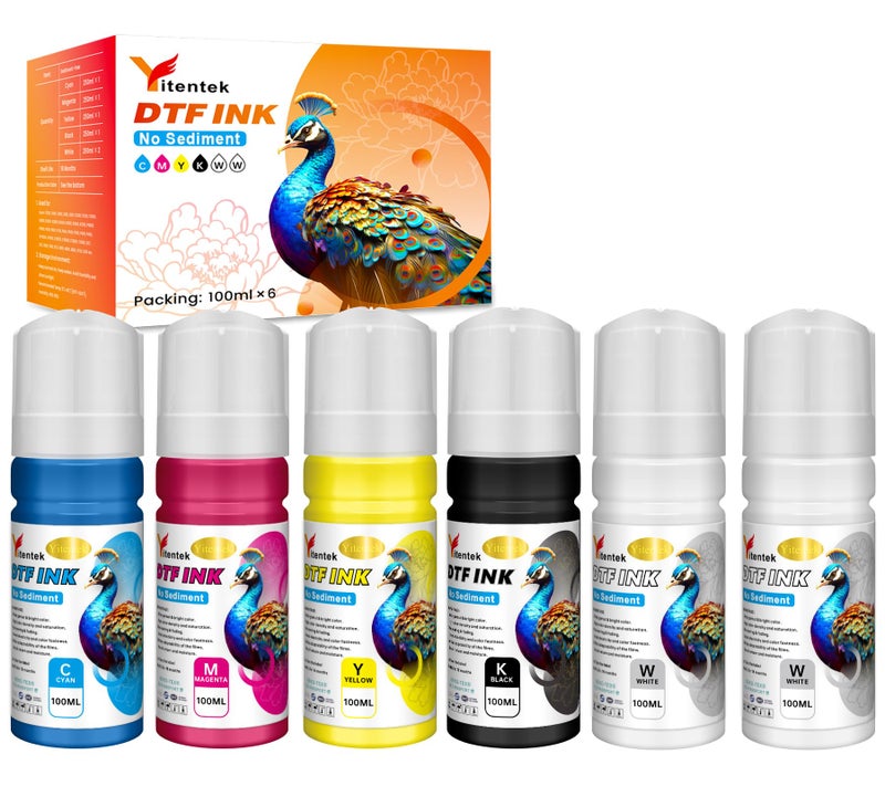 Yitentek Auto-Fill No Sediment DTF Transfer Ink for Epson ET-8550/ET-8500 Printers, Direct to DTF Film Heat Transfer Ink Conversion Kit (100ml x 6, 2Wh+CMYK) - Image 1