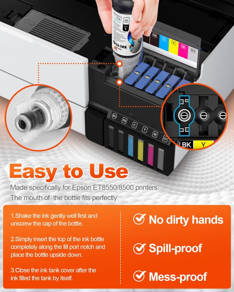 Yitentek Auto-Fill No Sediment DTF Transfer Ink for Epson ET-8550/ET-8500 Printers, Direct to DTF Film Heat Transfer Ink Conversion Kit (100ml x 6, 2Wh+CMYK) - Image 2