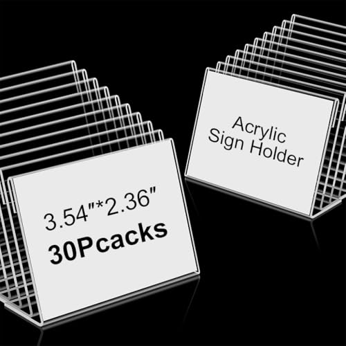 OFIFO® Clear Acrylic Display Stand 30 Pack, 9x6cm L Shaped Sign Holder for Table, Price Tag, Name Card, Menu, Buffet Food Label, Desk Label, Retail, Wedding, Transparent Tabletop Place Card Holder - Image 1