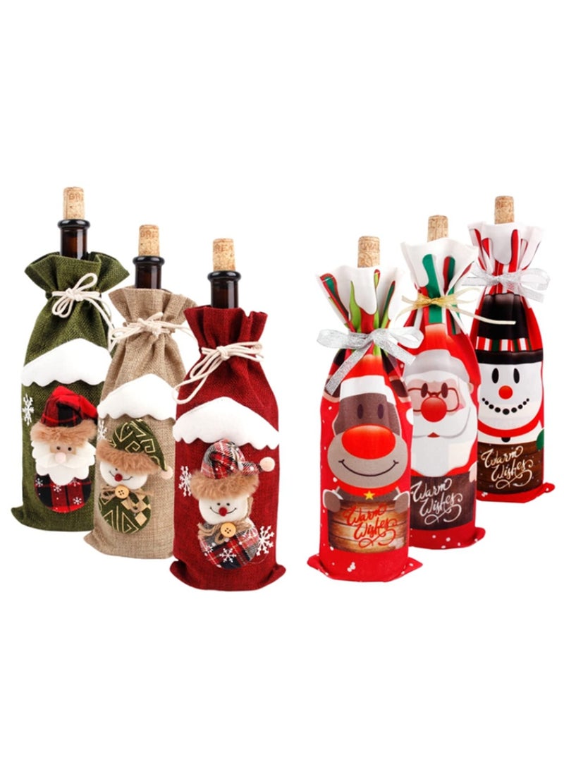 6PCS Christmas Wine Bottle Covers Santa Claus Snowman Gift Holders Holiday Decorations for Home Hotel Restaurant Table Xmas Navidad New Year Ornaments Red Wine Bottle Bags 30x14cm - Image 1