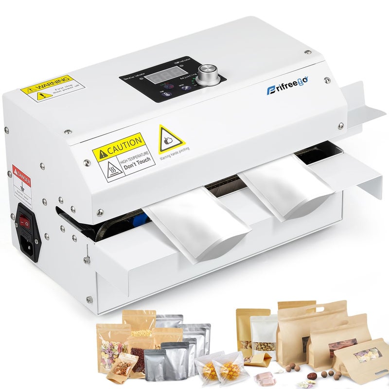Frifreego Commercial Grade Heat Sealer Automatic Continuous Heat Bag Sealing Machine TempSpeed Adjustable Heavy Duty Horizontal Bag Sealing Machine for Kinds of Plastic Packing Bags Desktop White