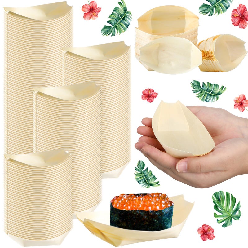 Newtay 500 Pcs Bamboo Boat Plates for Appetizer 55 Disposable Wooden Charcuterie Boat Leaf Small Sushi Serving Tray Food Dishes Container Bowl for Catering Home Hawaiian Holiday Party Supplies