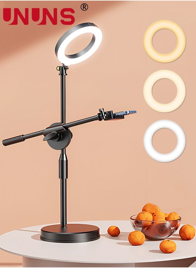 UNUNS - Selfie Ring Light With Stand And Phone Holder,Overhead Camera Mount With 16cm Ring Lights For Phone,Circle Light With Desk Tripod Adjustable Shooting Arm For Video Recording,Live Streaming,Laptop - Image 1