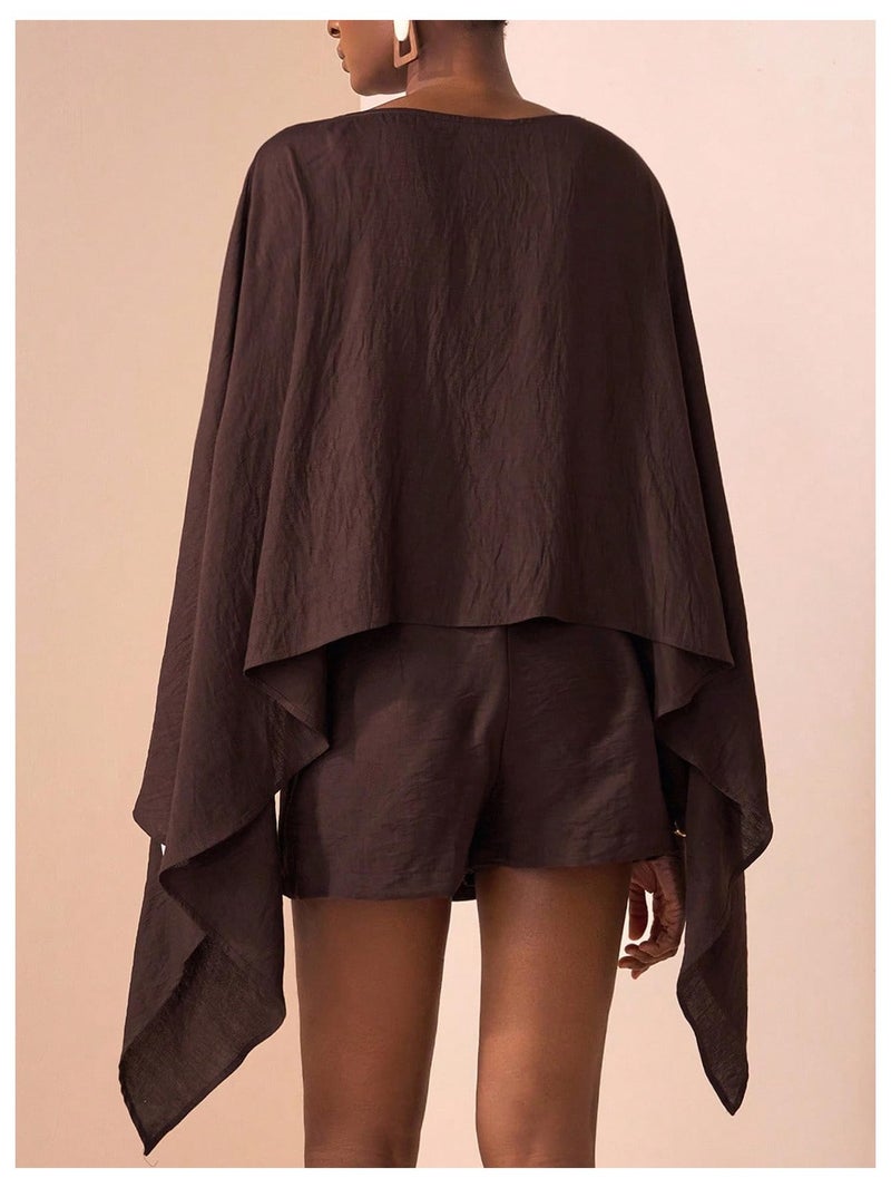 MakeMeChic Women's Linen Two Piece Set Summer Poncho Tops and Skort Going Out Beach Vacation Outfits Brown Small - Image 3