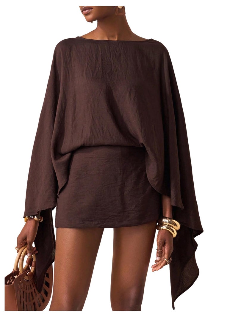 MakeMeChic Women's Linen Two Piece Set Summer Poncho Tops and Skort Going Out Beach Vacation Outfits Brown Small - Image 1