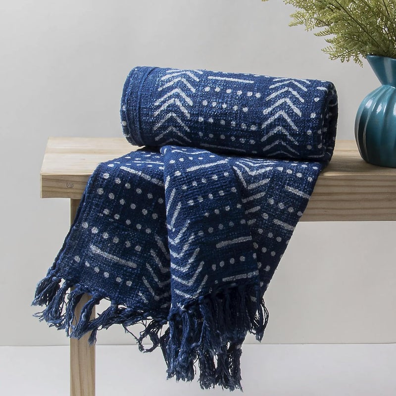 DMAASA Cotton Indigo Printed Throw Blanket 50x70 Inches Soft Lightweight Decorative Blanket for Couch Bed and Living Room Cozy Stylish Home Decor Arrow - Image 1