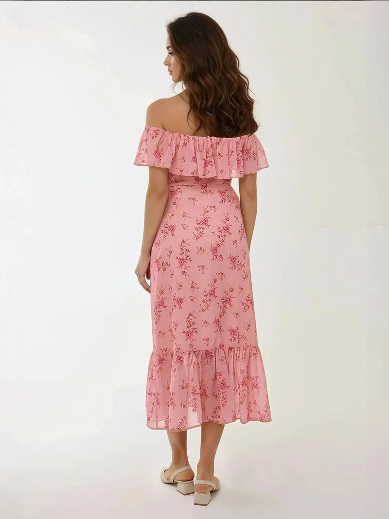 Hiccup Pink Off Shoulder Flower Pattern Bodycon Midi Dress for Women | Best Price UAE