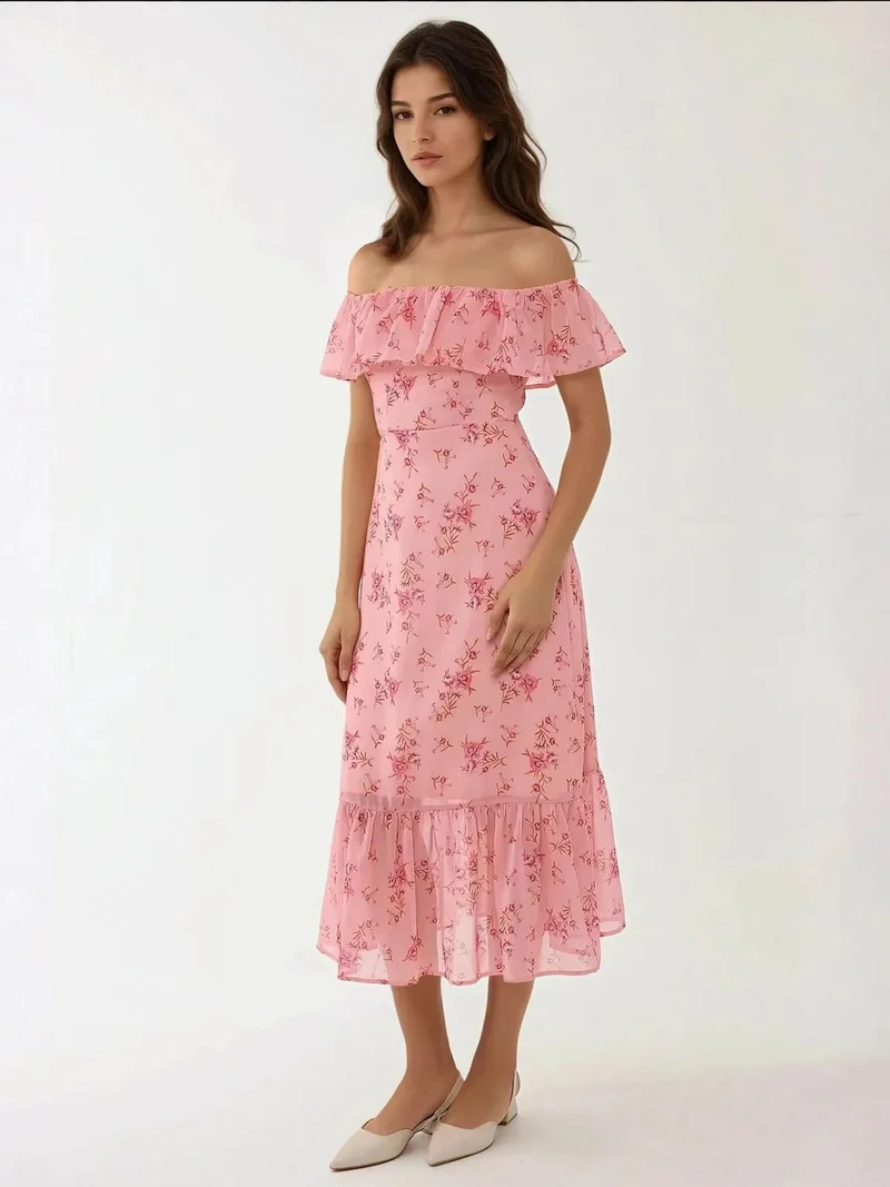 زوبعة فستان ميدي ضيق بطبعة زهور بكتف مكشوف