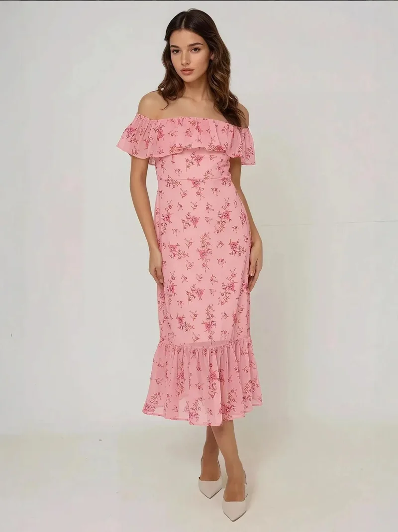 زوبعة فستان ميدي ضيق بطبعة زهور بكتف مكشوف