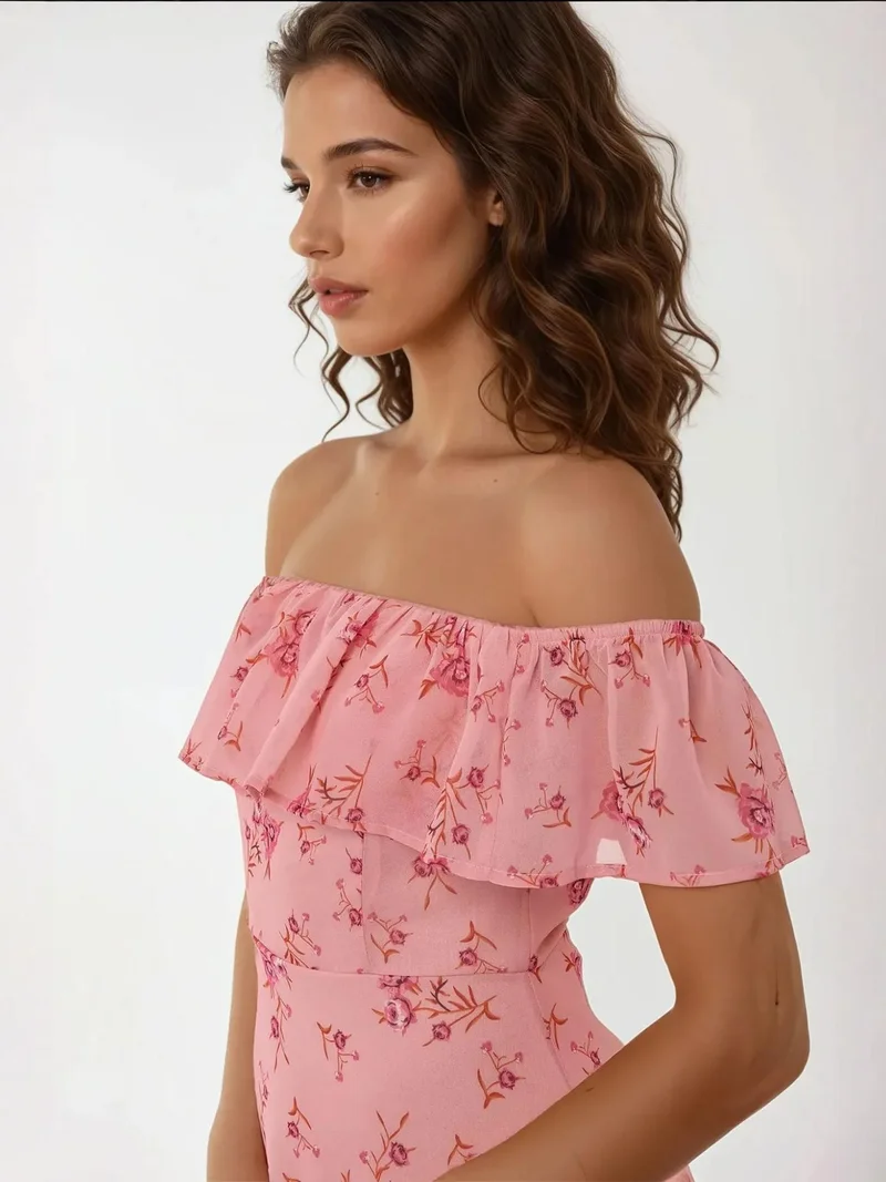 Hiccup Pink Off Shoulder Flower Pattern Bodycon Midi Dress for Women | Best Price UAE
