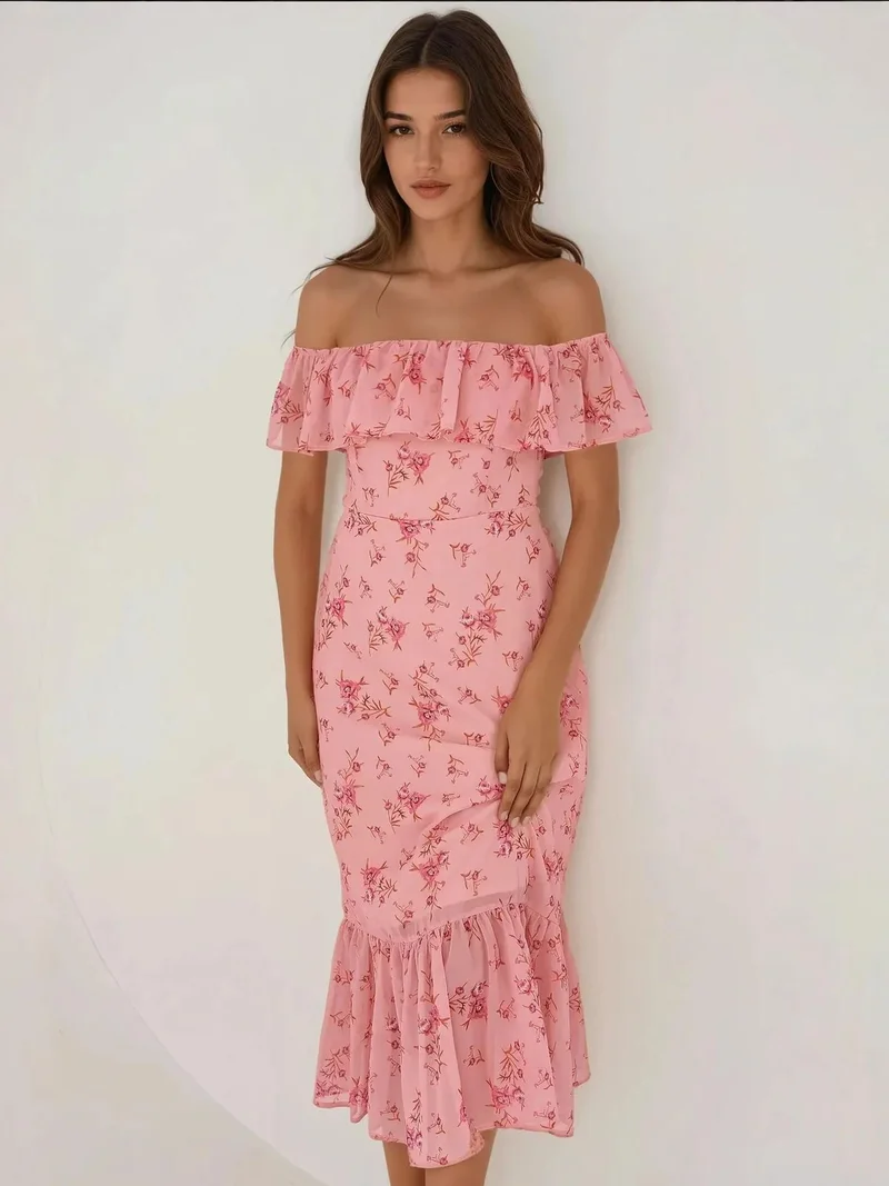 Hiccup Pink Off Shoulder Flower Pattern Bodycon Midi Dress for Women | Best Price UAE