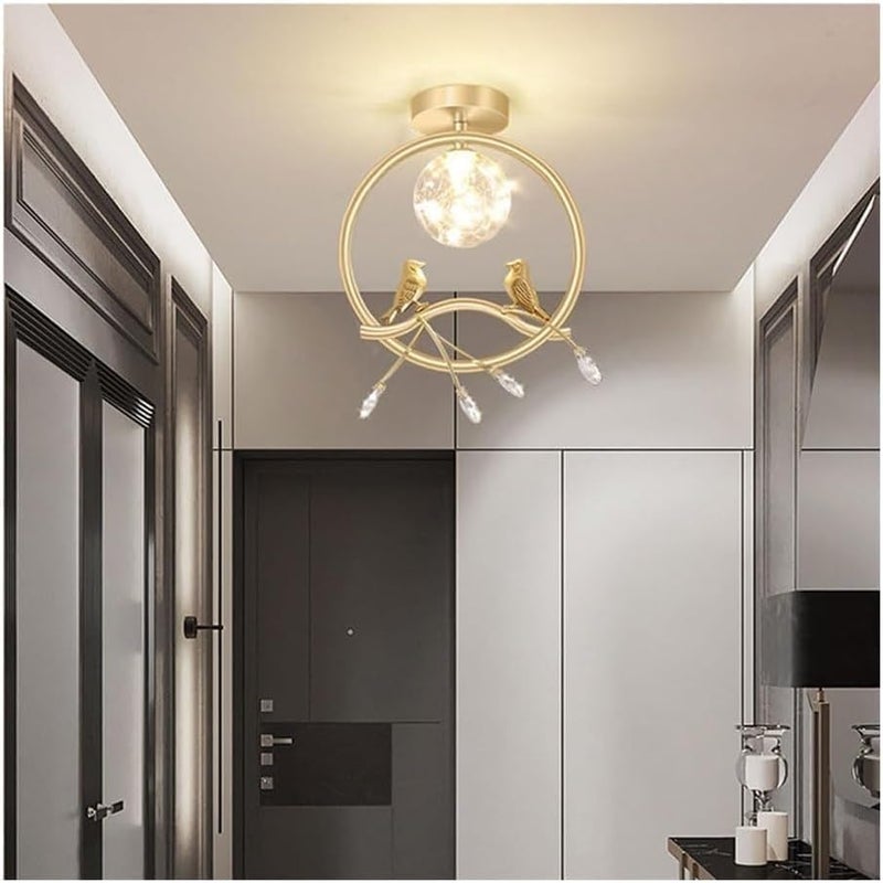 Modern Entrance Foyer Ceiling Light, LED Nordic Creative Gold/Black Bird Ceiling Lamp, Metal Ring With Light Globe & Crystal Accents, For Bedroom, Living Room, Hallway Flush Mount Lighting(Gold) - Image 3