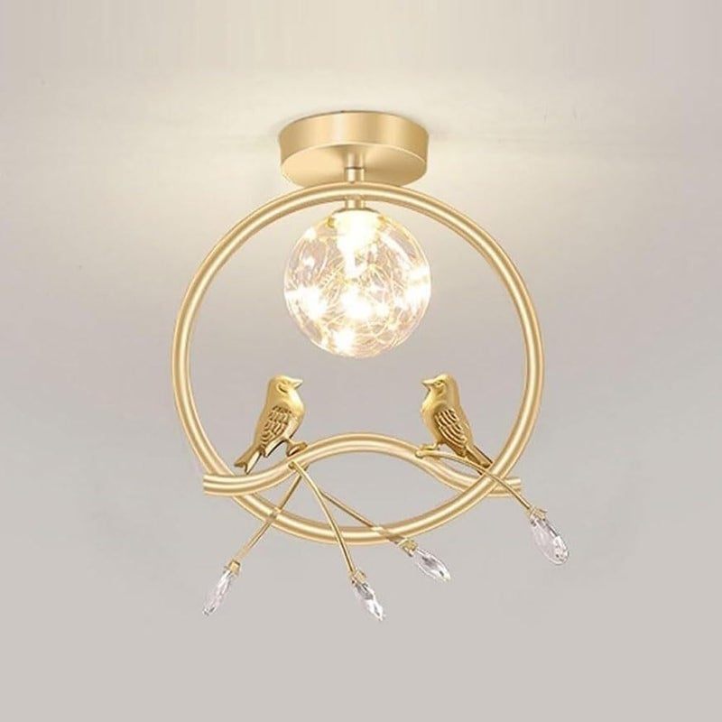 Modern Entrance Foyer Ceiling Light, LED Nordic Creative Gold/Black Bird Ceiling Lamp, Metal Ring With Light Globe & Crystal Accents, For Bedroom, Living Room, Hallway Flush Mount Lighting(Gold) - Image 1