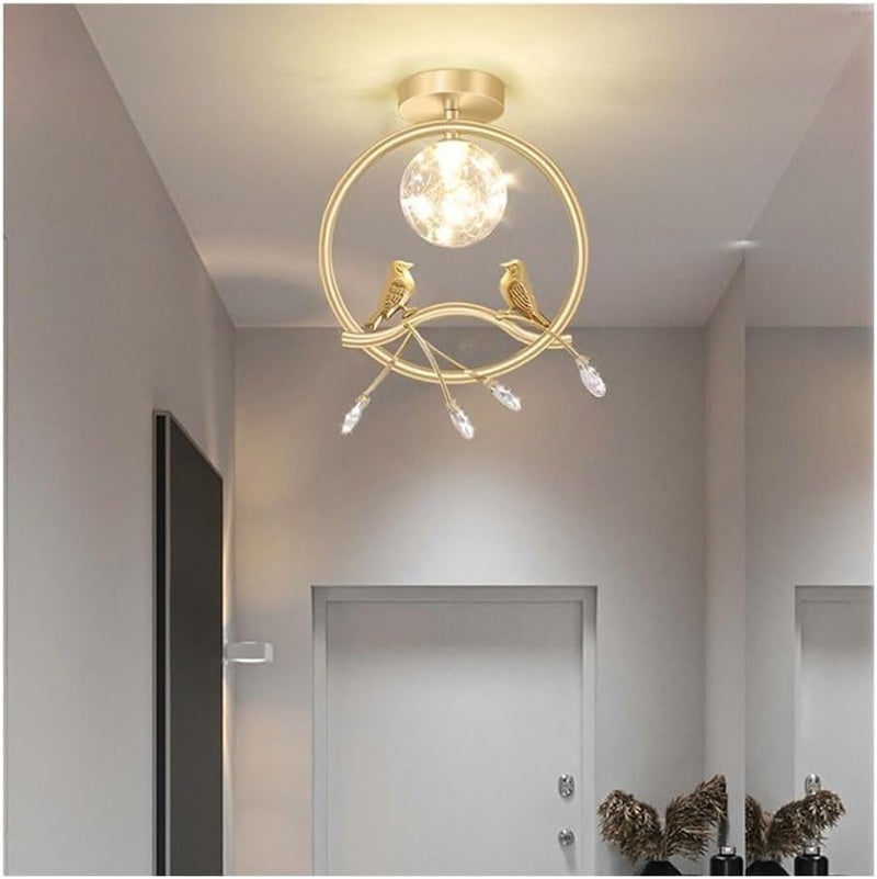 Modern Entrance Foyer Ceiling Light, LED Nordic Creative Gold/Black Bird Ceiling Lamp, Metal Ring With Light Globe & Crystal Accents, For Bedroom, Living Room, Hallway Flush Mount Lighting(Gold) - Image 2
