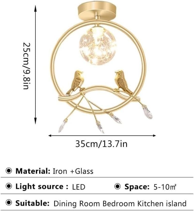 Modern Entrance Foyer Ceiling Light, LED Nordic Creative Gold/Black Bird Ceiling Lamp, Metal Ring With Light Globe & Crystal Accents, For Bedroom, Living Room, Hallway Flush Mount Lighting(Gold) - Image 5