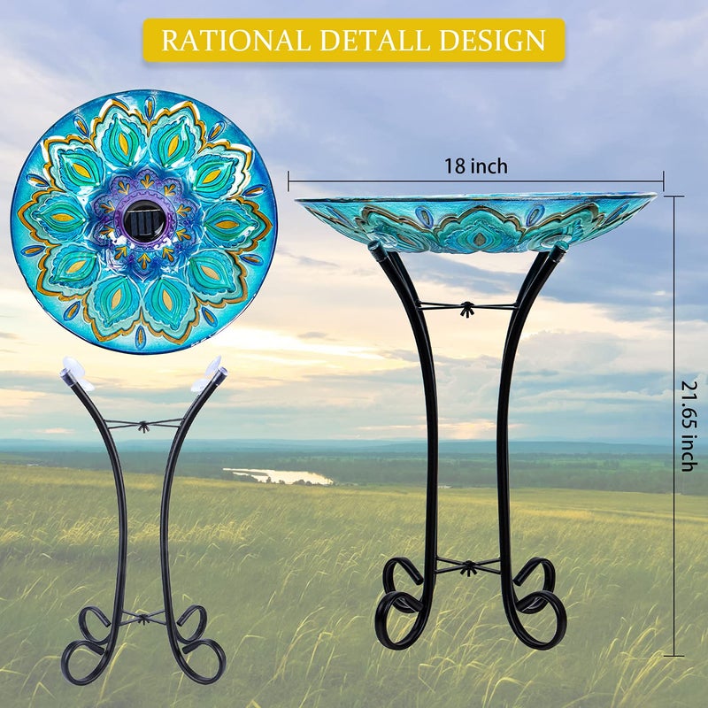 VCUTEKA Glass Bird Bath Outdoor with Metal Stand for Lawn Yard Garden Decor Solar Large BirdBath Peacock Bird Feeder - Image 3