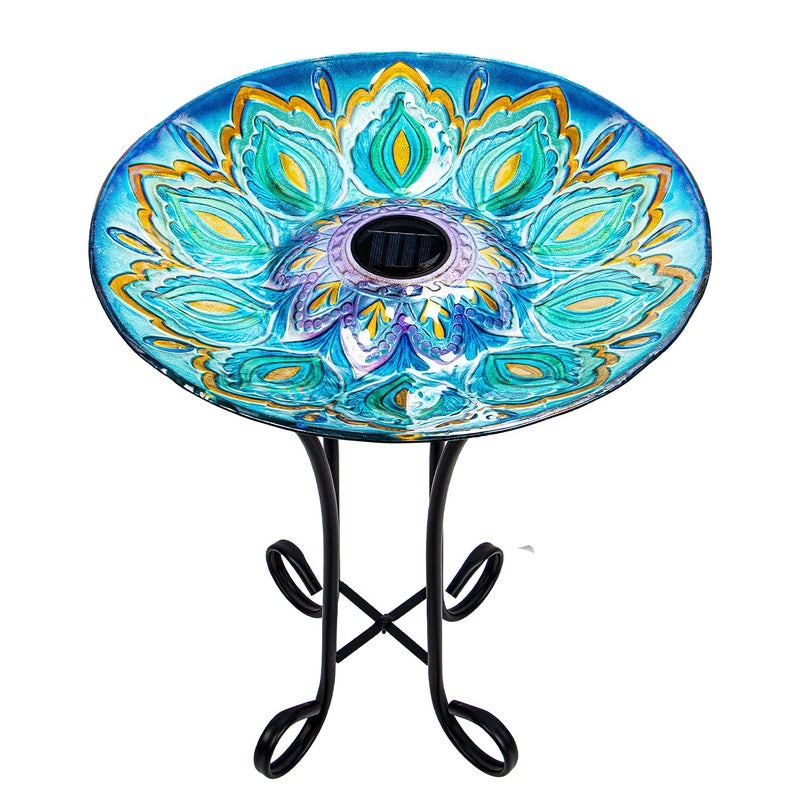 VCUTEKA Glass Bird Bath Outdoor with Metal Stand for Lawn Yard Garden Decor Solar Large BirdBath Peacock Bird Feeder - Image 1