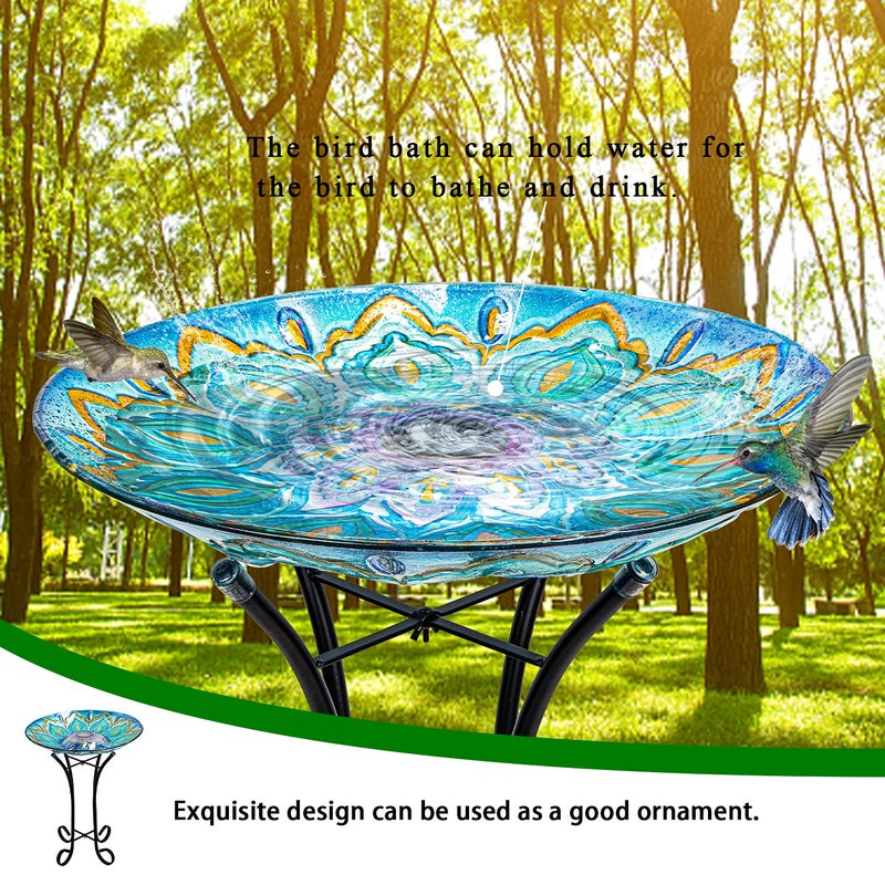 VCUTEKA Glass Bird Bath Outdoor with Metal Stand for Lawn Yard Garden Decor Solar Large BirdBath Peacock Bird Feeder - Image 4