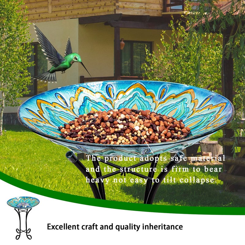 VCUTEKA Glass Bird Bath Outdoor with Metal Stand for Lawn Yard Garden Decor Solar Large BirdBath Peacock Bird Feeder - Image 2