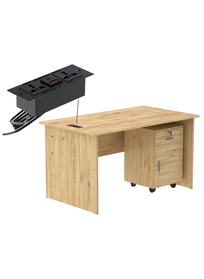 Mahmayi Mahmayi MP1 140x80 Writing Table with Drawers - Oak with Black BS01 Desktop Socket with USB AC Port for Office, Home, and Meeting Room 17 cm - Image 1