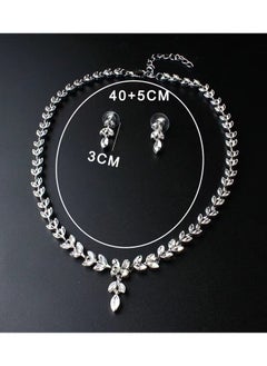Generic 3Pcs Rhinestone Jewelry Set Stylish Elegant Leaf Necklace Zircon Earrings Chic Dress Accessory Festival Gift for Women Ladies Mother Wife Wedding Party Silver  - Image 2
