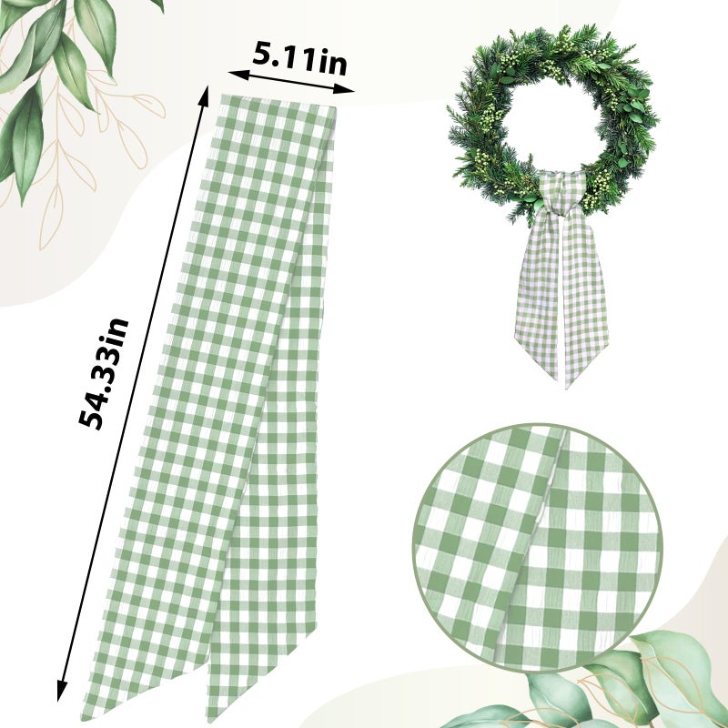 Ftuuo Light Green Buffalo Plaid Wreath Sash for Front Door Seersucker Wreath Satin Sash Burlap Garland Ribbon Accessories for Wreath Yard Doorway Indoor Outdoor Bridal Shower Home Decor,5.1 x 54.3 - Image 2