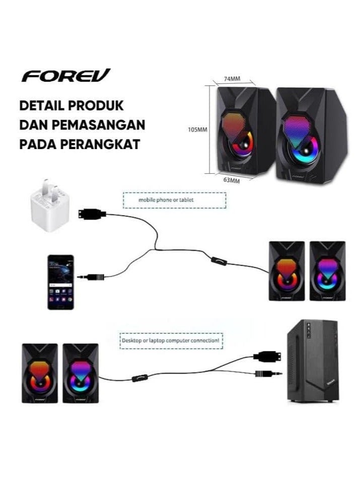 Forev FV-209 RGB Multimedia Speaker 2.0 Channel ,3W*2 Mini Wired Stereo Sound ,For PC / Laptop / Mobile | Black - Image 4