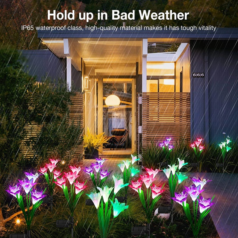 KOOPER Outdoor Solar Lights, 4 Pack Solar Garden Lights with Bigger Lily Flowers, Waterproof 7 Color Changing Solar Lights Outdoor - Bigger Solar Panel for Outdoor Patio Yard Garden Decoration - Image 3