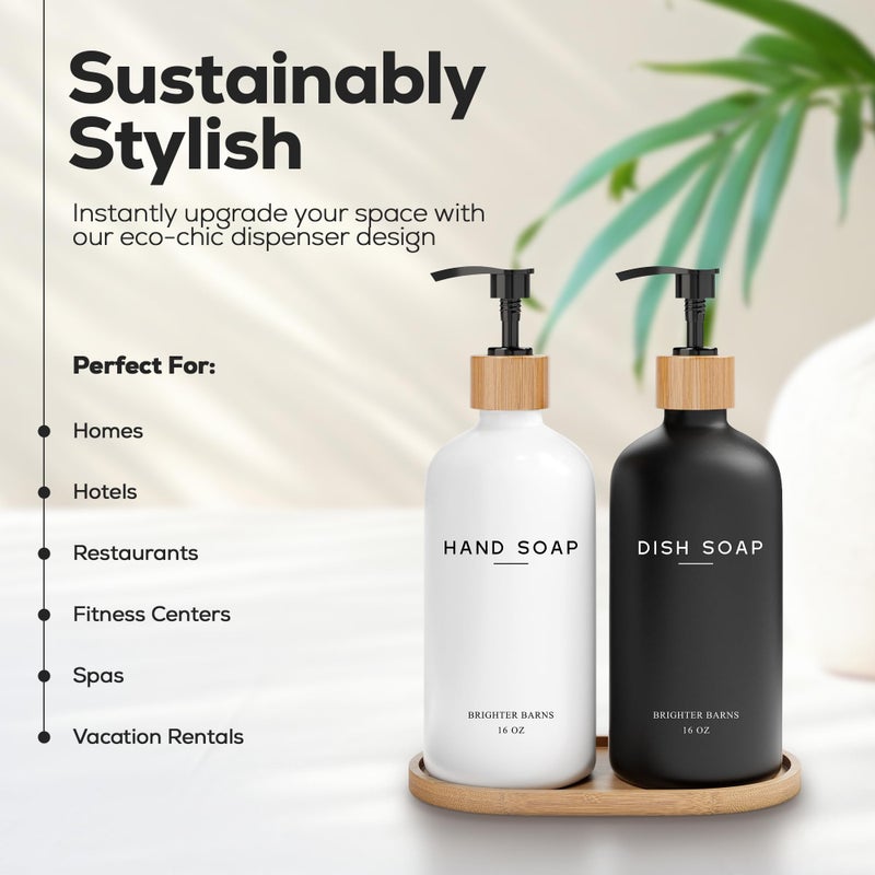 Brighter Barns Luxury Glass Hand and Dish Soap Dispenser Set by Brighter Barns - Kitchen Soap Dispenser Set with Tray - Bamboo Pump Bottle for Kitchen Sink - Boho Home Decor, Modern Decor in Restaurant (Black/White) - Image 2