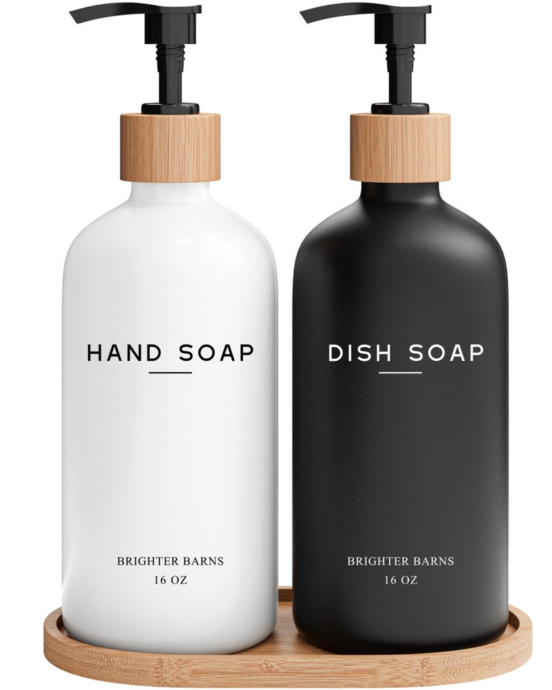 Brighter Barns Luxury Glass Hand and Dish Soap Dispenser Set by Brighter Barns - Kitchen Soap Dispenser Set with Tray - Bamboo Pump Bottle for Kitchen Sink - Boho Home Decor, Modern Decor in Restaurant (Black/White) - Image 1