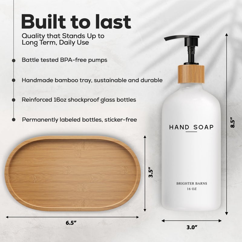 Brighter Barns Luxury Glass Hand and Dish Soap Dispenser Set by Brighter Barns - Kitchen Soap Dispenser Set with Tray - Bamboo Pump Bottle for Kitchen Sink - Boho Home Decor, Modern Decor in Restaurant (Black/White) - Image 3