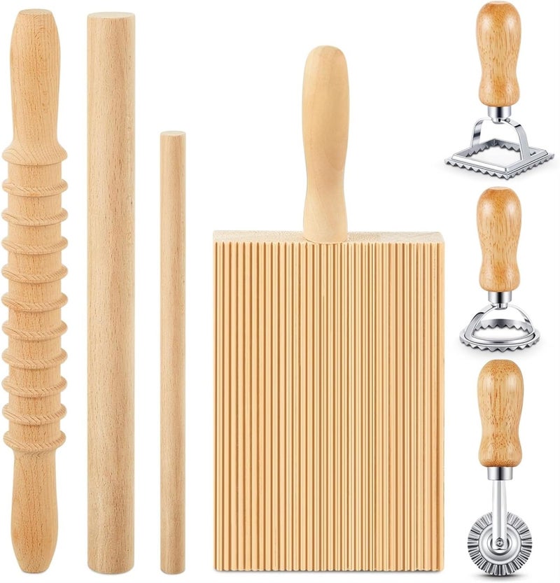7 Pcs Pasta Making Tools Set Include 1 Gnocchi Board Wood 1 Wood Cutter 1 Rolling Pin 1 Wood Roller 3 Ravioli Stamp Maker Cutter for Italian Gnocchi Pasta Cutlery(Pasta Style)