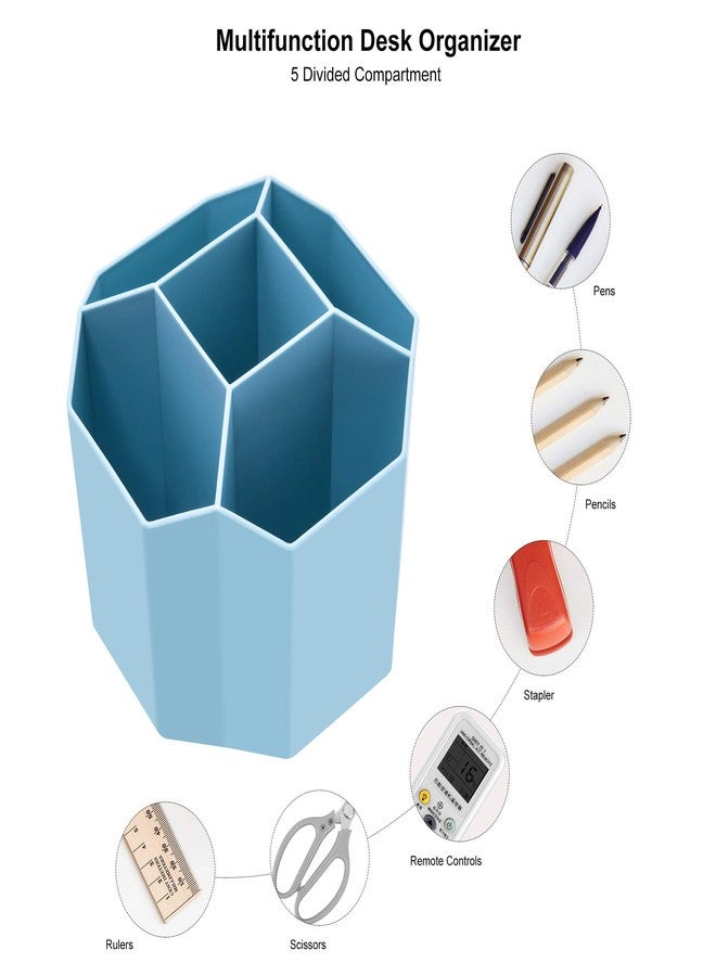 Siveit Desk Pencil Pen Holder, Rotating Pen Organizers 360-Degree 5 Grid Pen Holder for Desktop Storage Stationery Supplies Organizer, Home, Office, School, Kids, Blue - Image 3