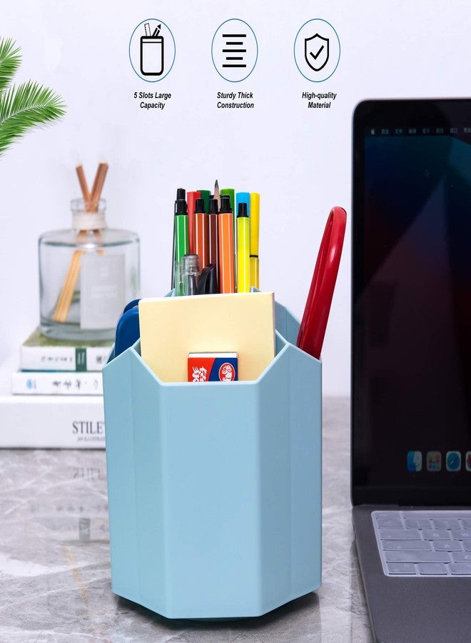 Siveit Desk Pencil Pen Holder, Rotating Pen Organizers 360-Degree 5 Grid Pen Holder for Desktop Storage Stationery Supplies Organizer, Home, Office, School, Kids, Blue - Image 2