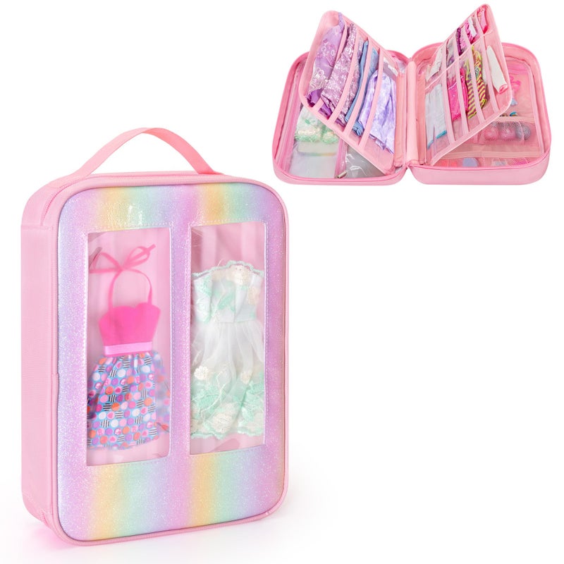 GRAOSO Carrying Case Compatible with Barbie Clothes, Doll Accessories Organizer Bag, 2 Front Transparent Windows, 2 Binders with Several Storage Pockets, Extra Pockets for Doll Stuff, Pink, Case Only - Image 1