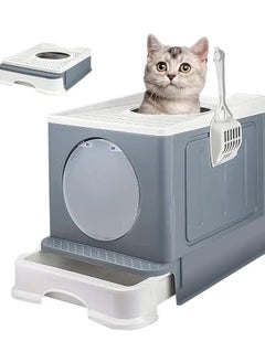 XiuWoo Cat Litter Box Enclosed Cat Potty Top Entry Anti-Splashing Kitten Toilet Foldable Large Kitty Litter Pan with Lid & Drawer Type for Cats Kittens Pet, Easy to Scoop & Clean, Grey  - Image 1