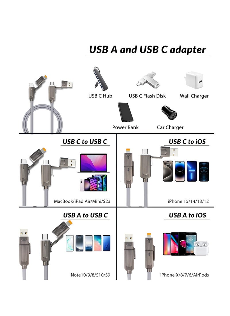 RCD 4-in-1 USB C Cable L Cable 60W, Type C Charger Fast Charging, Liquid Silicone Rubber Charger Cord Combo L/Type C/USB A Ports, Fast Charging & Data Sync, for 15/15 Pro/15 Plus/15 Pro Max, 4ft