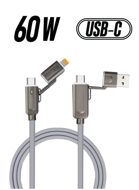 RCD 4-in-1 USB C Cable L Cable 60W, Type C Charger Fast Charging, Liquid Silicone Rubber Charger Cord Combo L/Type C/USB A Ports, Fast Charging & Data Sync, for 15/15 Pro/15 Plus/15 Pro Max, 4ft