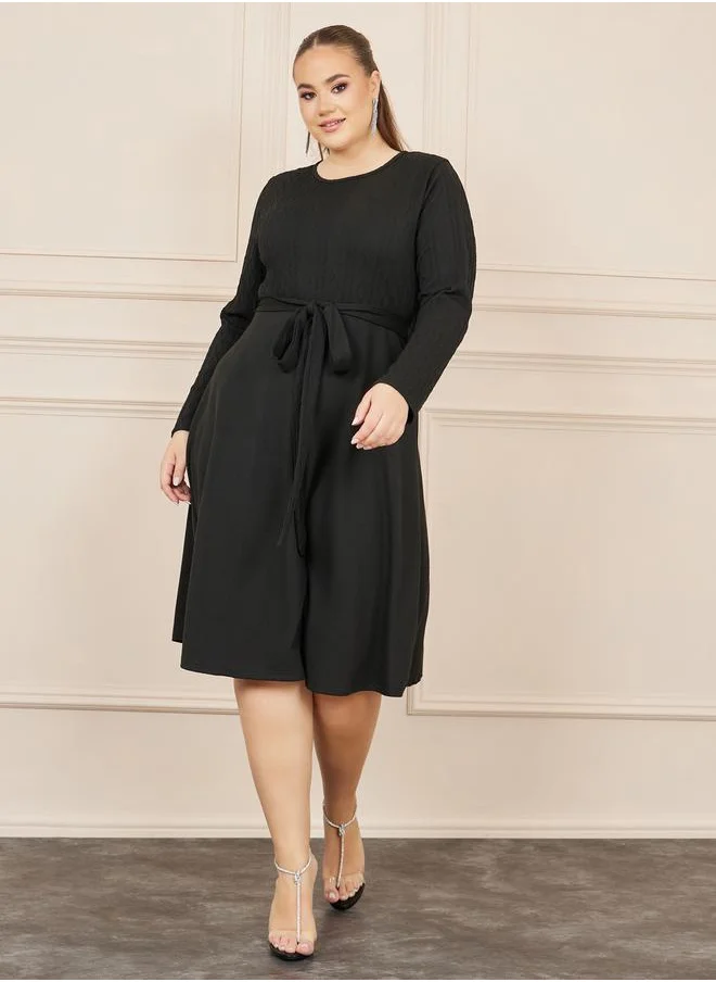 ستايلي Plus Knit Textured Self Tie Up A-Line Midi Dress