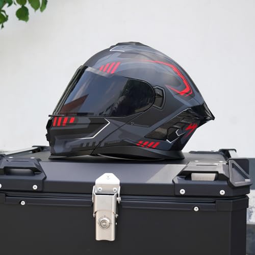 MXJ Gear Motorcycle Helmet,Motorcycle Dual Visor Flip up Modular Full Face Helmet JR-815,DOT Approved Motorbike Helmet with 2 Visors for Adults Men Women(M,Matte Red Evolve) - Image 5