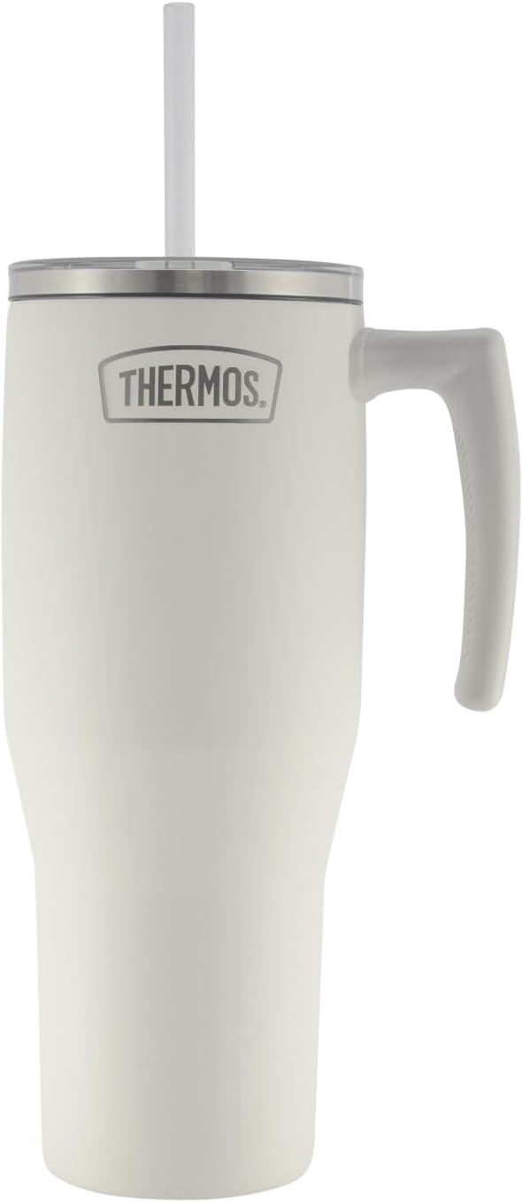THERMOS STAINLESS STEEL VACUUM INSULATED WHITE MUG WITH STRAW 1.1LTR - Image 1