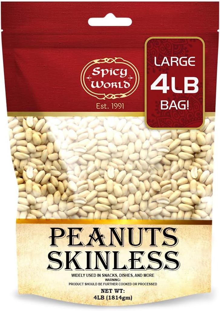 Spicy World Skinless Peanuts - Blanched Raw Peanuts, 4 Pound (64oz) Bag, All Natural, Unsalted - Image 1