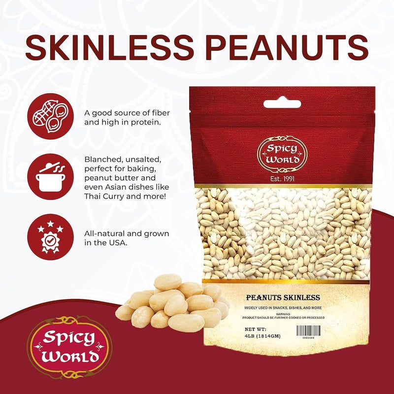 Spicy World Skinless Peanuts - Blanched Raw Peanuts, 4 Pound (64oz) Bag, All Natural, Unsalted - Image 2