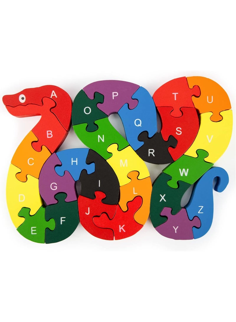 Alphabet Jigsaw Puzzle, 3D Puzzles for Kids, Wooden Snake Letters Numbers Block Toys for Kids Birthday Gifts - Image 1