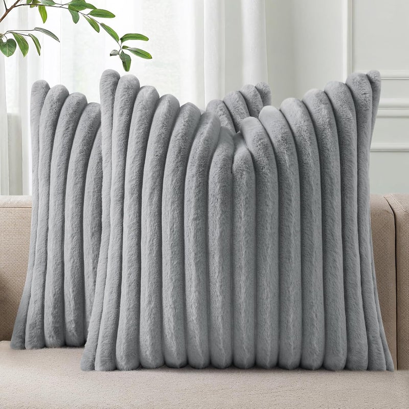 Pallene Faux Fur Plush Throw Pillow Covers 20x20 Set of 2, Luxury Soft Fluffy Striped Decorative Pillow Covers for Sofa, Couch, Living Room, Grey - Image 1