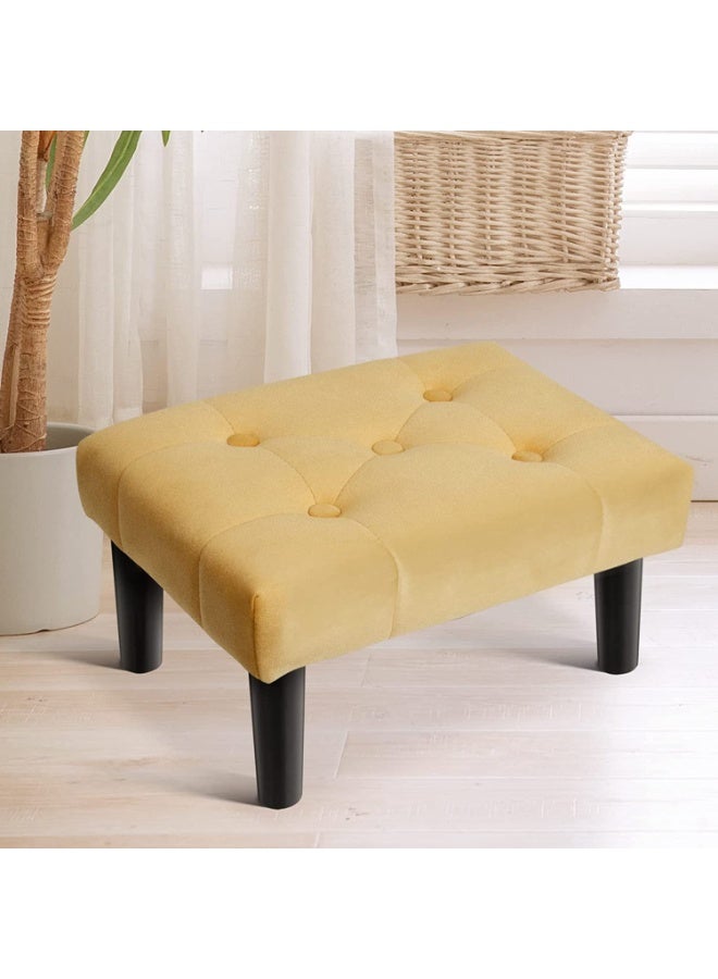 A small footstool made of velvet fabric, with a padded seat; a wooden ottoman, suitable for the living room and bedroom. (Yellow) - Image 1