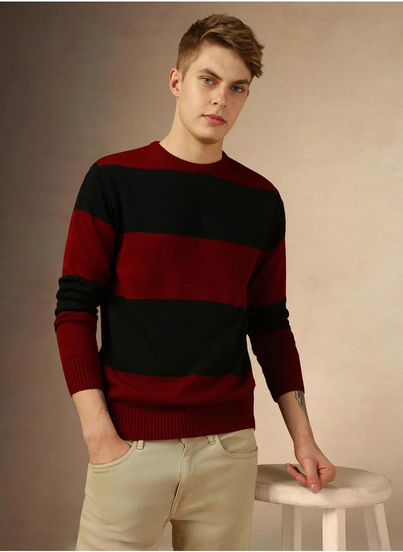 دينيس لينغو Men's Black 100% Acrylic Striped Regular Fit Sweater
