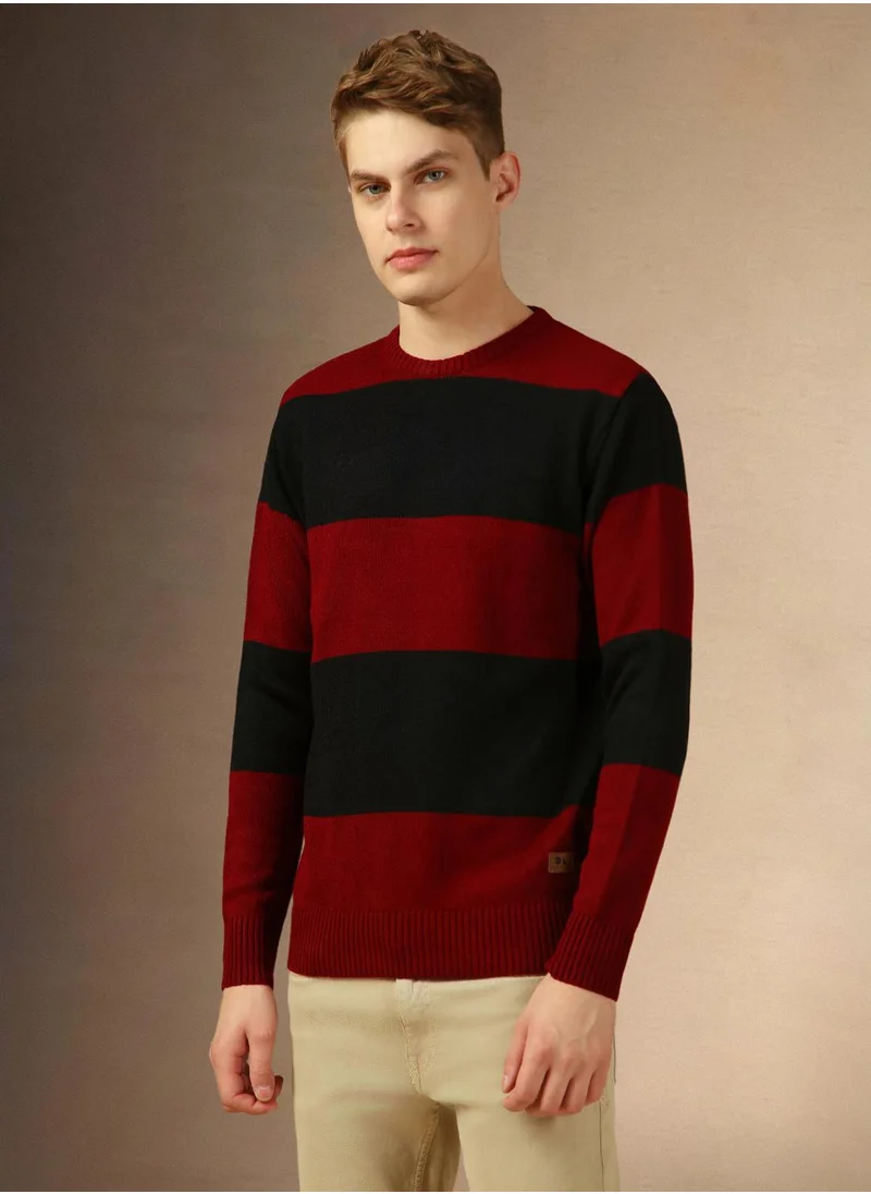 دينيس لينغو Men's Black 100% Acrylic Striped Regular Fit Sweater